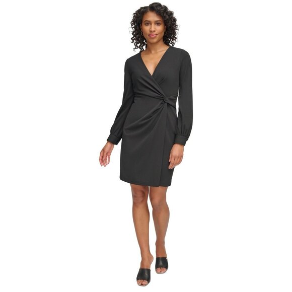 New Dkny Women's Size 2 Black Side-Knot Sheath Dress Long Sleeve Crepe - Picture 1 of 7